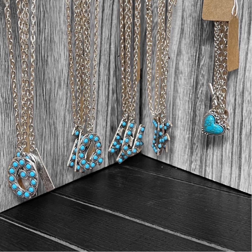 Alphabet Letter Name Initial Western Turquoise Faux Stone Silver Boho Necklace - Picture 5 of 11
